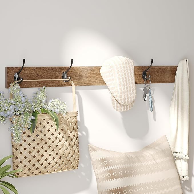 Maupvit Rattan Entryway Bench with Seat Cushion & Coat Rack, Shoe Storage Cabinet with 2 Flip Drawers, Narrow Shoe Rack, 5 Sturdy Metal Hooks, Rustic Oak Rattan