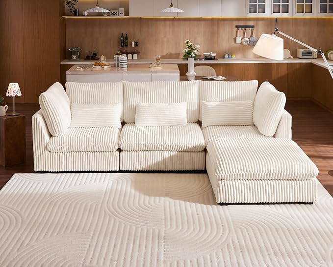 115" Oversized Corduroy Couch Modular Sectional Sofa, Washable Cloud Couch Sectional with Ottoman, 4 Seater Sectional Couches for Living Room, Fully Cover Removable, L Shaped, Plush Corduroy, White
