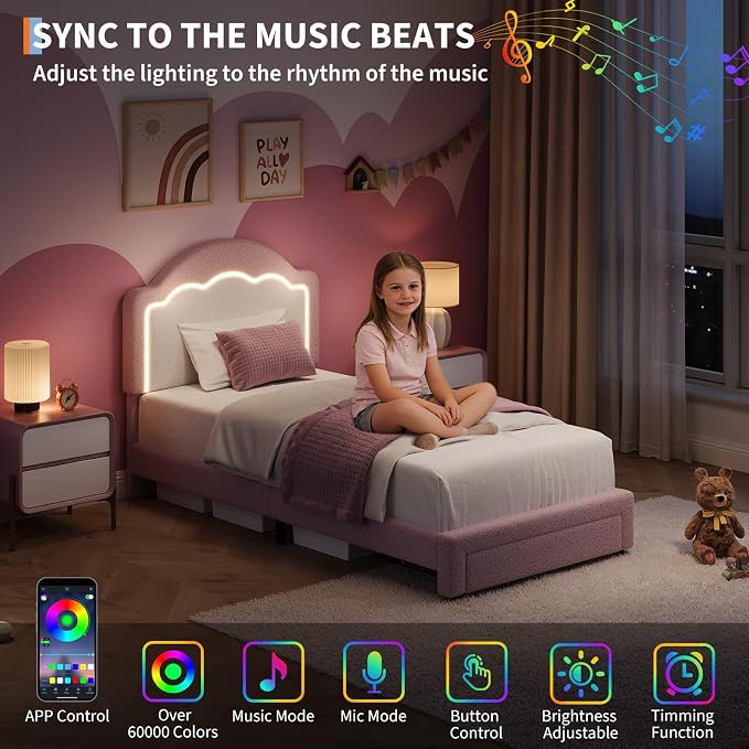 IDEALHOUSE Twin Bed Frame with LED Headboard and Under-Bed Drawer, Boucle Fabric Upholstered Platform Bed with LED Light for Kids, Girls, Wooden Slats Support, No Box Spring Needed, Pink
