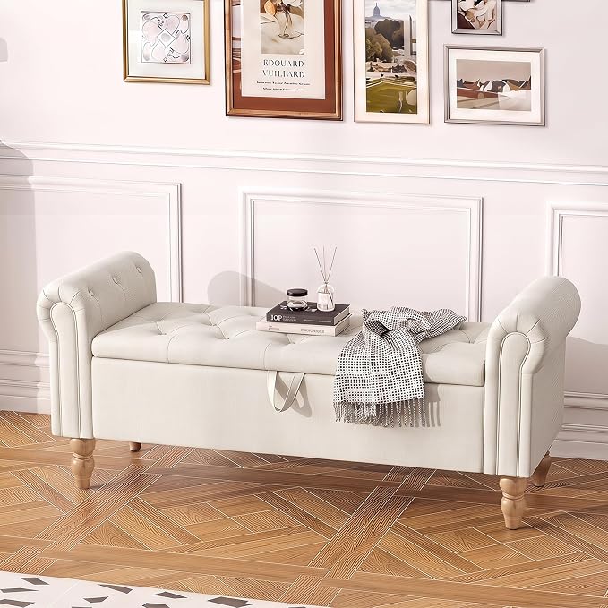 Furniliving 55” End of Bed Bench, Bedroom Bench with Button-Tufted, Large Upholstered Storage Ottoman Entryway Bench with Storage Shoe Cabinet Bench, for Bedroom, Linen, Beige