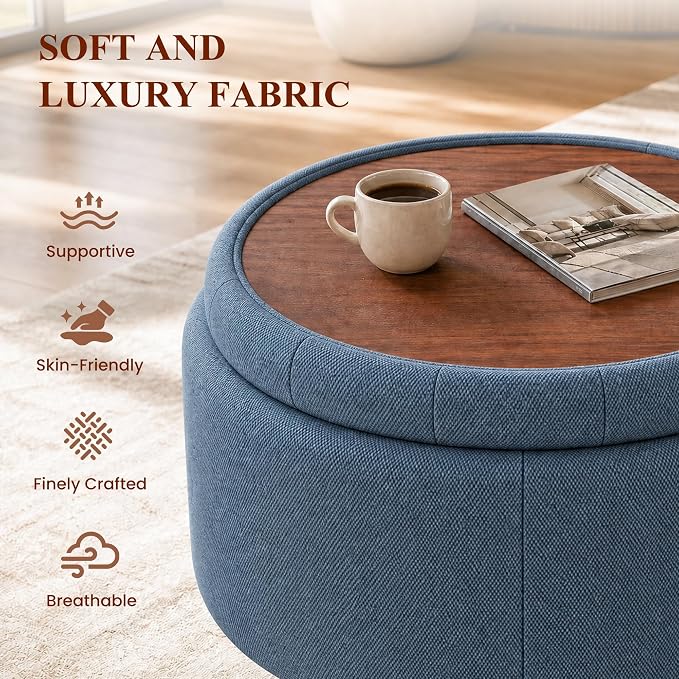 25Inch Round Ottoman with Storage, Tufted Fabric Modern Circle Ottoman with Reversible Tray Lid and Wood Legs, Multi-Functional Small Coffee Table for Living Room, Bedroom, Blue