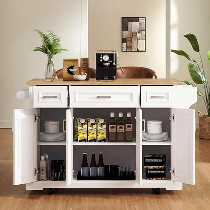 Large Kitchen Island with Rubber Wood Drop Leaf, Rolling Kitchen Cart with Ample Storage on Wheels with Doors and Drawers, Embossed Texture for Dining Room (54Inch, White, Silver Handle)