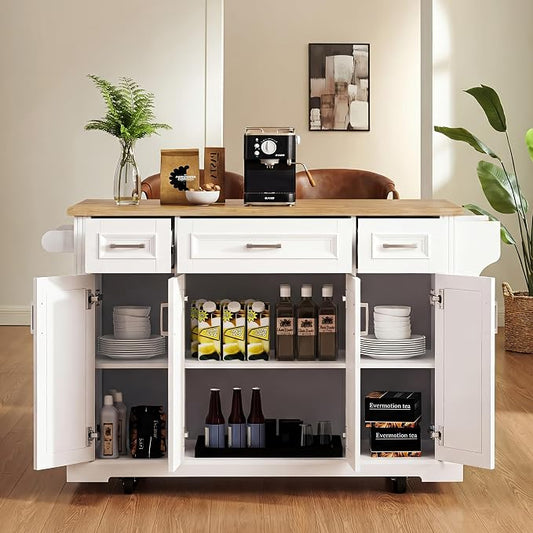 Large Kitchen Island with Rubber Wood Drop Leaf, Rolling Kitchen Cart with Ample Storage on Wheels with Doors and Drawers, Embossed Texture for Dining Room (54Inch, White, Silver Handle)