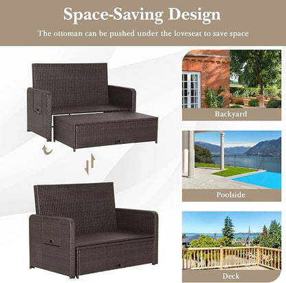 Tangkula Patio Rattan Daybed with 4-Level Adjustable Backrest, Outdoor PE Wicker Loveseat with Storage Ottoman & Folding Side Tray, Double Sunbed Lounger for Balcony, Backyard & Poolside