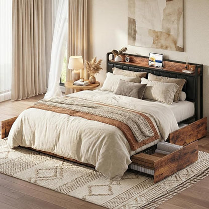 LIKIMIO California King Bed Frame with 4 Storage Drawers, Platform Bed with Charged Headboard, Sturdy and Stable, No Noise, No Box Spring Needed, Easy to Install, Vintage Brown and Black