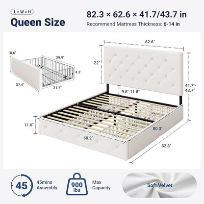 Allewie Upholstered Queen Size Platform Bed Frame with 4 Storage Drawers and Adjustable Headboard, Diamond Button Tufted, Wooden Slats Support, Noise-Free, No Box Spring Needed, Easy Assembly, White