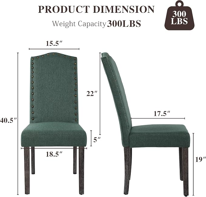 LSSBOUGHT Dining Chair Upholstered Parsons Kitchen Chair with Copper Nails and Solid Wood Legs (Green-Fabric, Set of 6)
