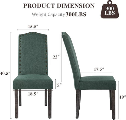 LSSBOUGHT Dining Chair Upholstered Parsons Kitchen Chair with Copper Nails and Solid Wood Legs (Green-Fabric, Set of 6)