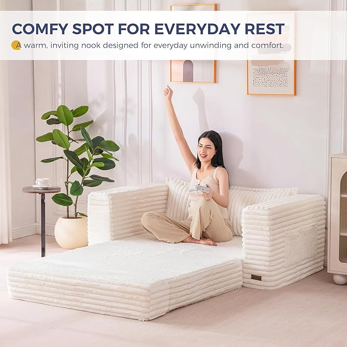 MAXYOYO Convertible Sofa Bed, 2 in 1 Folding Couch Bed for Small Space, Pull Out Loveseat Sofa Couch with Large Back Pillow, Plush Faux Fabric Lounge Couch for Living Room, Apartment, Beige