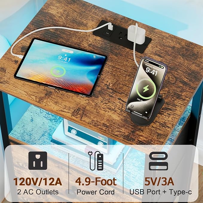 LOAKEKEL Night Stand with Charging Station, Small Bedside Table with USB Ports & Outlets, LED Nightstand with 2 Fabric Storage Drawers PU Finish for Bedroom, Brown, HETS02BR-1