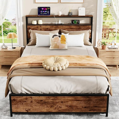 Forestell Full Size Bed Frame with Storage Headboard & 6 Drawers,Sturdy Platform Bed Frame Full with Charging Station,LED Lights,2-Tier Wood Shelf Industrial Bedframe-Noise Free/No Box Spring Needed