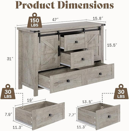 AMERLIFE 4 Pieces Farmhouse Bedroom Set, Includes Queen Size Bookcase Headboard Bed Frame, 5 Drawer Tall Dresser, 47'' Dresser with 4 Drawers, 60" Dresser with 4 Drawers, Light Rustic Oak