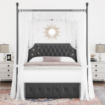 Keyluv Queen Upholstered Canopy Bed Frame with 2 Storage Drawers & Button Tufted Headboard, Metal Platform Bed with 4 Removable Posts, Two-Purpose Velvet Bed, Dark Grey/Curtain Not Included