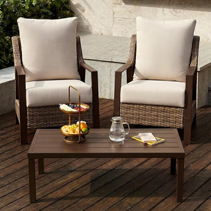 3 Piece Wicker Patio Bistro Set, All Weather Outdoor Conversation Set with Thick Washable Olefin Cushions, 2 Armchairs & Coffee Table for Backyard Deck Porch, Beige