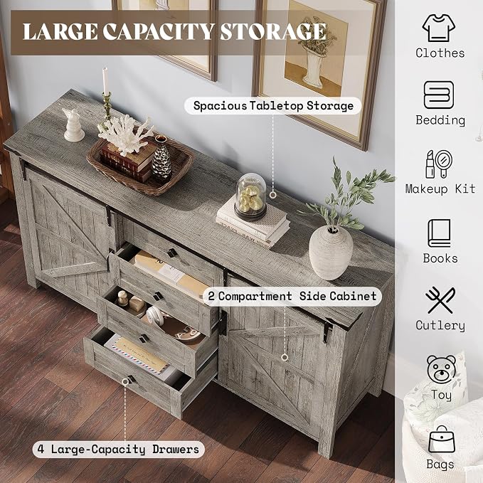 AMERLIFE 4 Pieces Farmhouse Bedroom Set, Includes Queen Size Bookcase Headboard Bed Frame, 5 Drawer Tall Dresser, 47'' Dresser with 4 Drawers, 60" Dresser with 4 Drawers, Light Rustic Oak