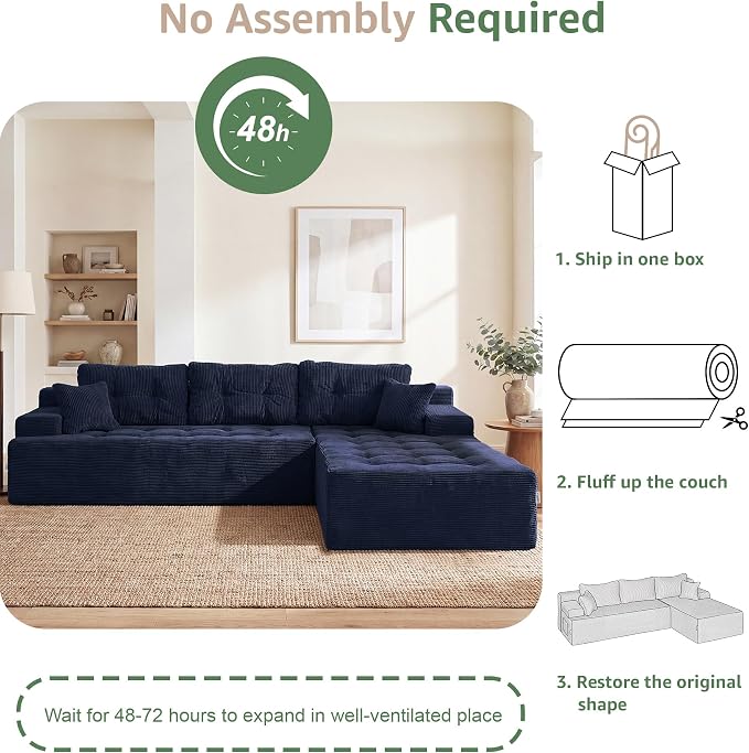 Hobestluk Modular Sectional Sofa Couches L-Shape Couch 3 Seat Modular Sofa Memory Foam Sectional Couches for Living Room, Cloud Couch (Dark Blue Corduroy, 108", Right Hand Facing)