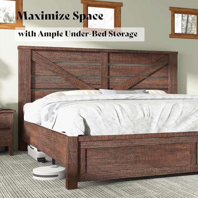 AMERLIFE King Size Bed Frame with 49.2" Barn Door Headboard and Footboard, Rustic Farmhouse Platform Bed Frame with Wood Slats, No Box Spring Needed, Under Bed Storage, Reclaimed Barnwood