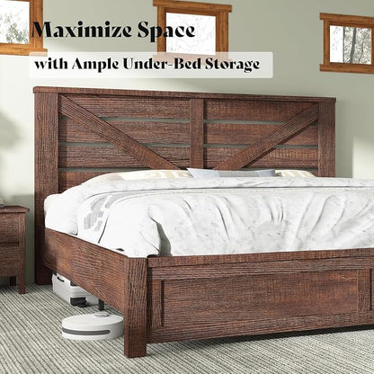 AMERLIFE King Size Bed Frame with 49.2" Barn Door Headboard and Footboard, Rustic Farmhouse Platform Bed Frame with Wood Slats, No Box Spring Needed, Under Bed Storage, Reclaimed Barnwood