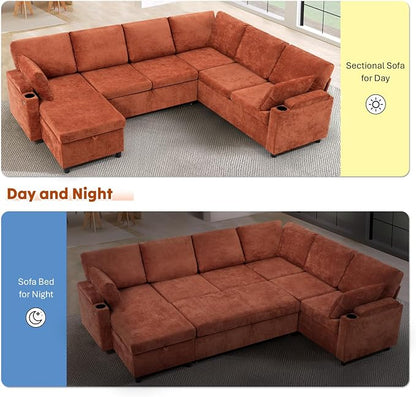 110" Chenille Sectional Sofa w/Pull Out Bed &Storage Chaise, Orange | Reversible U Shape Sofa w/Storage Armrests & Cup Holders, Corner Couch w/USB Charging Port & Throw Pillows for Living Room