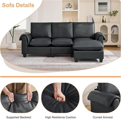 96" Faux Leather Modular Sectional Sofa with Movable Ottoman, Oversized 3 Seater Couch with Curved Armrests, Cloud Modern L-Shaped Sofa Deep Seat for Living Room, Black