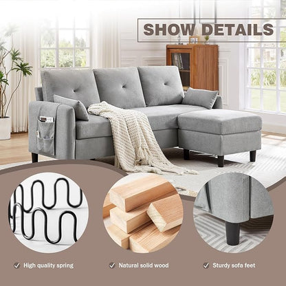 Convertible L-Shaped Sectional Sofa, 3-Seat Sofa Couches with Storage Ottoman & 2 Pillows and Side Storage Pockage, Small Modern Couch for Living Room, Apartment and Office, Light Grey