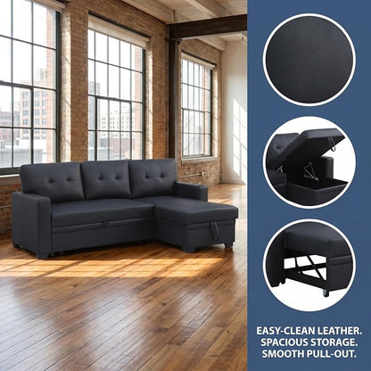 Pull Out Couch, L Shaped Sectional Couch with Pull Out Bed, Convertible Sofa Bed with Storage Chaise, Twin Size Sleeper Sofa, Sofa Bed Couch, Sleeper Sofa with Storage, Black