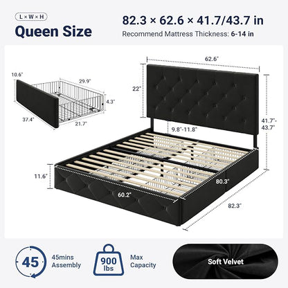 Allewie Upholstered Queen Size Platform Bed Frame with 4 Storage Drawers and Adjustable Headboard, Diamond Button Tufted, Wooden Slats Support, Noise-Free, No Box Spring Needed, Easy Assembly, Black