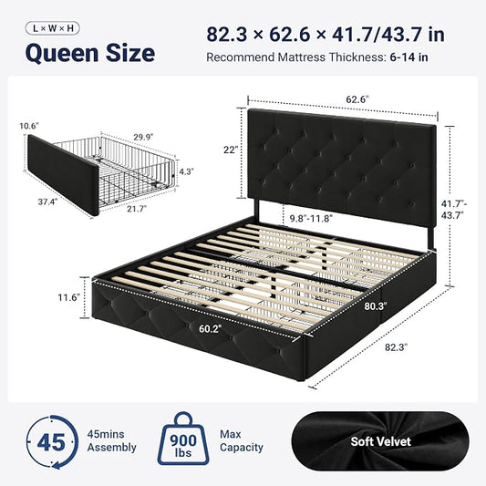 Allewie Upholstered Queen Size Platform Bed Frame with 4 Storage Drawers and Adjustable Headboard, Diamond Button Tufted, Wooden Slats Support, Noise-Free, No Box Spring Needed, Easy Assembly, Black