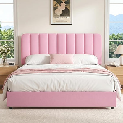 VECELO Full Size Upholstered Bed Frame with 4 Drawers and Headboard, Velvet Platform Storage Bedframe, Wooden Slats Support, No Box Spring Needed,Pink
