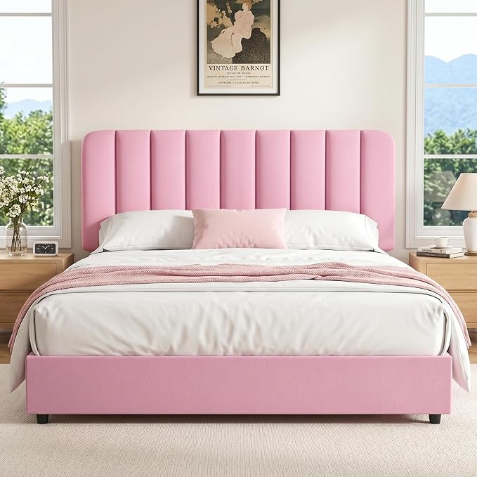 VECELO Queen Size Upholstered Bed Frame with 4 Drawers and Headboard, Velvet Platform Storage Bedframe, Wooden Slats Support, No Box Spring Needed,Pink