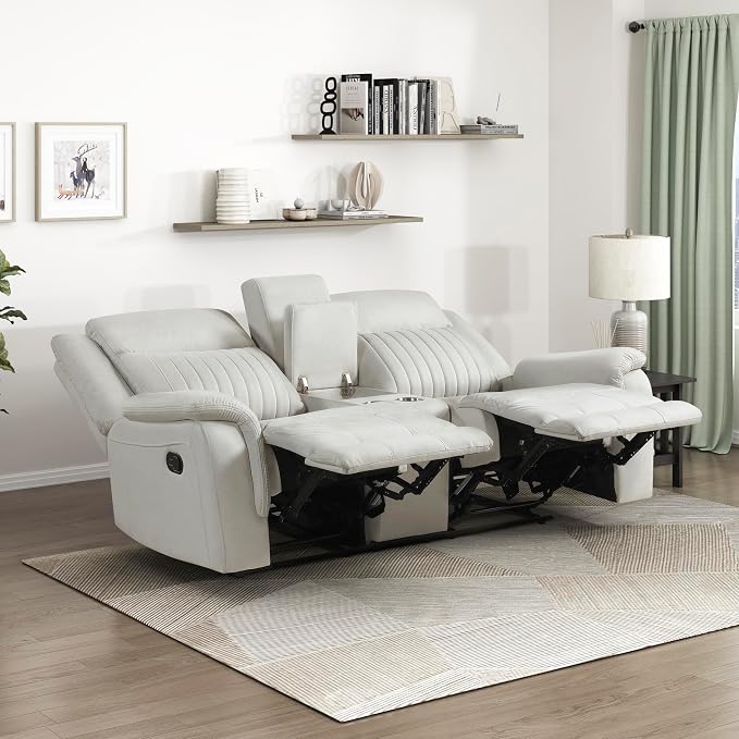 Lexicon Manual Double Reclining Loveseat, Polished Microfiber Manual Wall Hugger Loveseat Recliner for Living Room, Center Storage Console/Cup Holders, Easy Assembly, Beige