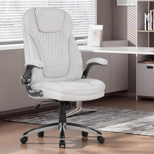 COLAMY High Back Executive Office Chairs Set of 2, Ergonomic PU Leather Desk Chairs with Flip-Up Armrests, Adjustable Height, Lumbar Support, Comfortable Computer Chairs for Home Office, White