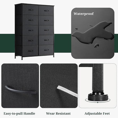 10-Drawer Dresser for Bedroom, Anti-Tip Tall Storage Organizer Chest of Drawers with Wooden Top and Metal Frame Fabric Bins for Closet, Living Room, Hallway, Entryway, Black