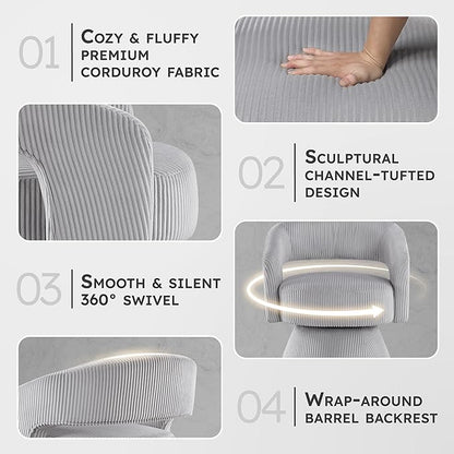 Lexicon 360 Degree Swivel Accent Chair, Modern Comfy Corduroy Round Barrel Chair, Open Back, Plush Foam Cushions, Metal Swivel Base for Living Room/Bedroom/Office/Small Spaces, Gray