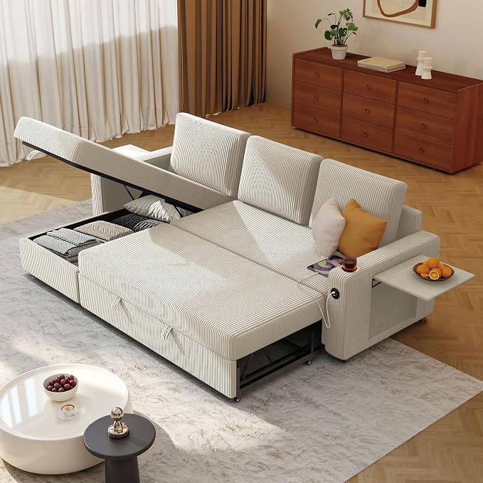 Ball & Cast 80" Sectional Sleeper Sofa Bed Pull Out Couches for Living Room | L Shaped Convertible Pull Out Sofa Bed with Storage Chaise, Foldable Table, USB Port, Cup Holder, Side Pocket for Small Space