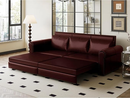 93.7" King Pull Out Sofa Bed, Faux Leather Sleeper Sofa Couch, 3 in 1 Convertible Futon Couches for Living Room, Small Space, Apartment, Office, Bedroom, Modern Rivet Armrest, Burgundy