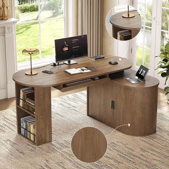 HSH Reversible L Shaped Desk with Storage, Computer Desk with Keyboard Tray | 60" Modern Annual Ring Wood Executive Office Desk, Adjustable Corner Design for Gaming Spaces and Home Workstations