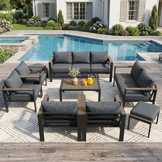 Patio Furniture Set 11 Seats and Coffee Table, 9 Pieces Patio Conversation Set with Thick Cushion, Ottomans, Deluxe Aluminum Modern Outside Sectional for Porch, Balcony, Deck, Yard, Light Gray