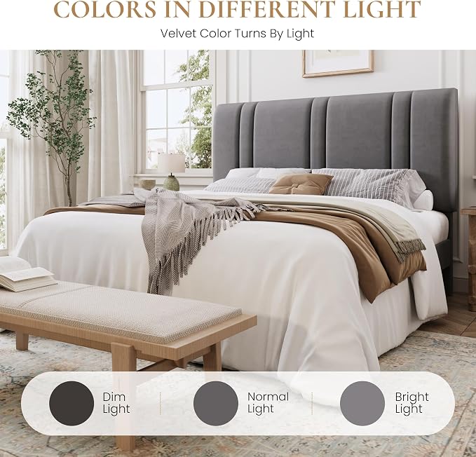 SHA CERLIN Queen Size Platform Bed Frame, Velvet Upholstered Bed with Adjustable Headboard, Vertical Channel Tufted Design, Sturdy Wood Slat Support, No Box Spring Needed, Easy Assembly, Light Grey