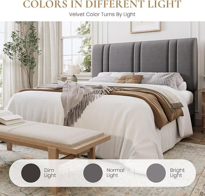 SHA CERLIN Queen Size Platform Bed Frame, Velvet Upholstered Bed with Adjustable Headboard, Vertical Channel Tufted Design, Sturdy Wood Slat Support, No Box Spring Needed, Easy Assembly, Light Grey