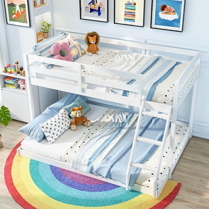 Giantex Twin Over Full Bunk Bed, Solid Wood Kids Bunk Bed with Full-Length Guardrails & Ladder, Low Bunk Beds with Slats Support for Kids, Teens, No Box Spring Needed, White
