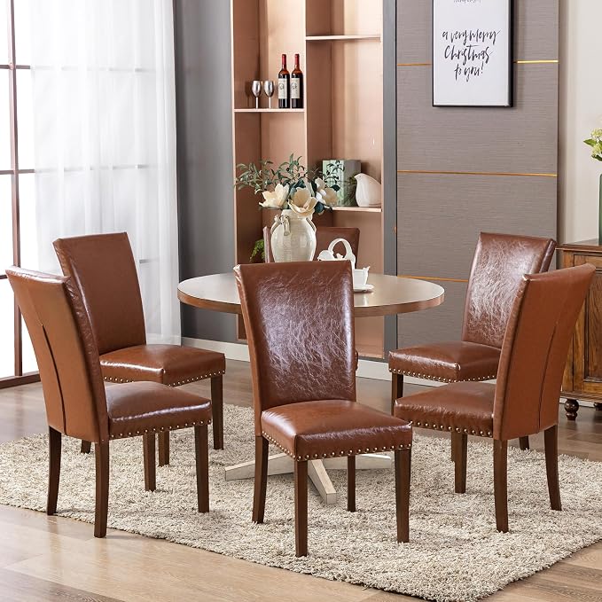 COLAMY Upholstered Parsons Dining Chairs Set of 6, PU Leather Dining Room Kitchen Side Chair with Nailhead Trim and Wood Legs - Light Brown