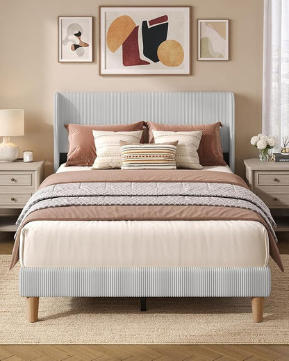 Bestier Full Bed Frame with Wingback Headboard,Upholstered,Light Grey | Vertical Channel Corduroy Upholstered,Easy Assembly,Wingback Headboard,No Squeaks,Wooden Slats Support,No Box Spring Needed
