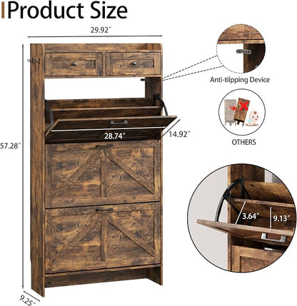 Shoe Cabinet with 3 Flip Drawers & 2 Top Drawers, 57" Tall Freestanding Narrow Wooden Shoe Storage Organizer for Entryway, Hidden Slim Shoe Rack for Front Door Entrance, Hallway, Living Room, Brown