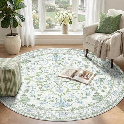 RELEANY Area Rugs Round 4ft Washable Non-Slip, Floral Vintage Distress Medallion Carpet for Living Room Bedroom Dining Room, Green White Blue