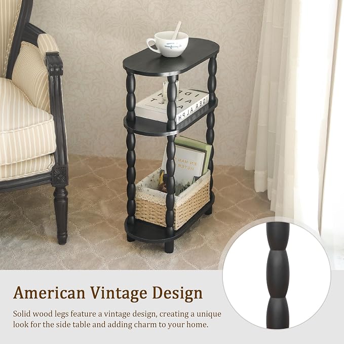 MaxSmeo Small Narrow Side Table, 3-Tier Narrow End Table with Storage, Skinny Side Table Nightstand for Small Spaces, Bedrooms, Living Room (Black)