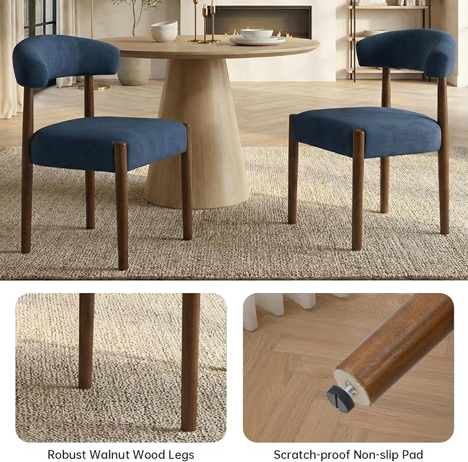 VKNOW Wooden Dining Chairs Set of 4, Modern Upholstered Dining Room Chairs with Walnut Wood Legs and Curved Backrest, Fabric Kitchen Chairs for Farmhouse/Dining Room, Blue
