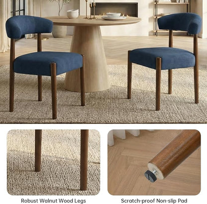 VKNOW Wooden Dining Chairs Set of 4, Modern Upholstered Dining Room Chairs with Walnut Wood Legs and Curved Backrest, Fabric Kitchen Chairs for Farmhouse/Dining Room, Blue