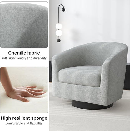 Swivel Barrel Accent Chair, Modern Round Chenille Fabric Arm Chair for Living Room, Bedroom, Comfy Club Reading Chairs for Adults（Chenille Fabric, Light Grey, Set of 1