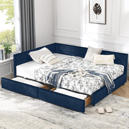 Full Size Corner Bed Frame with Storage Drawers, Comfortable Backrest and Armrests, Velvet Tufted Corner Bed Frame Full Size, Upholstered Daybed for Bedroom, Living Room, Guest Room, Dark Blue